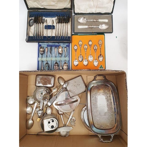 285 - Quantity of loose and cased plated flatware, wine taster, trays and other silver-plated ware (1 box ... 