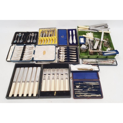 285 - Quantity of loose and cased plated flatware, wine taster, trays and other silver-plated ware (1 box ... 