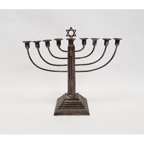 298 - 1930's silver nine-branch menorah with Star of David with fluted column on a square stepped base, ma... 