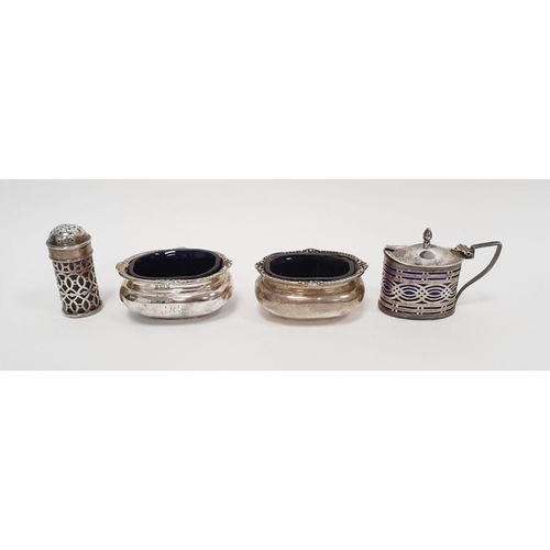 342 - Pair Victorian silver salts, oval with gadrooned everted rim, blue glass liners, initialled, Birming... 