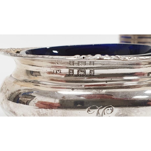 342 - Pair Victorian silver salts, oval with gadrooned everted rim, blue glass liners, initialled, Birming... 