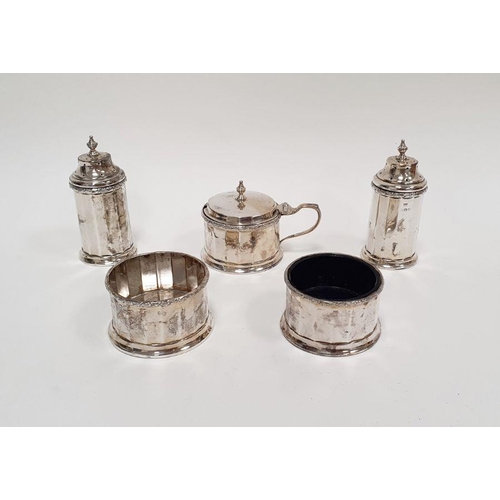 343 - George V silver five-piece condiment set with pair cylindrical salts, pepperettews and mustard, all ... 