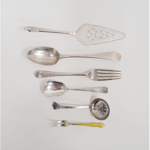 344 - Dessert spoons (marks worn), a child's fork with floral engraving, a sugar sifting spoon with trefoi... 