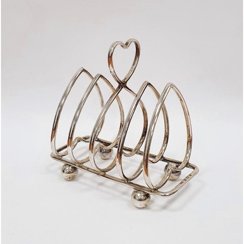 346 - George V silver toast rack, heart-pattern with four sections, on ball feet, Birmingham 1930, 3ozt ap... 