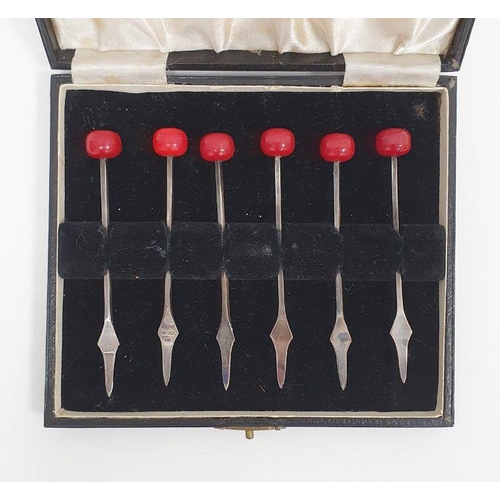 349 - Set of six Edward VIII bean-topped cocktail sticks, Sheffield 1936, maker Viners, in case