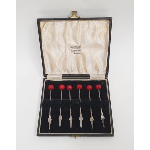 349 - Set of six Edward VIII bean-topped cocktail sticks, Sheffield 1936, maker Viners, in case