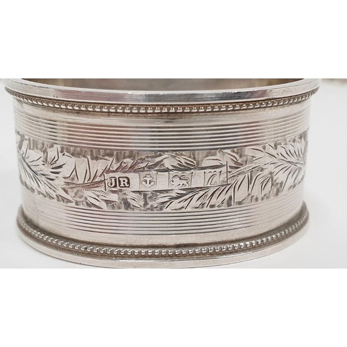 352 - Three silver-rimmed cut glass personal salts and six various silver napkin rings