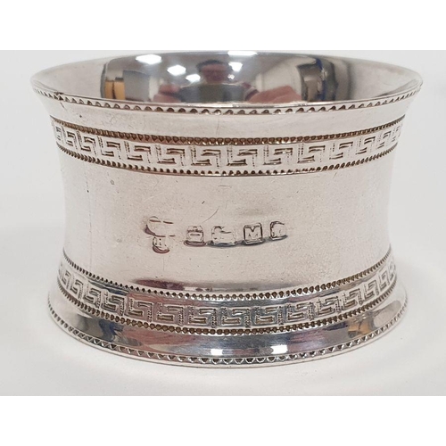 352 - Three silver-rimmed cut glass personal salts and six various silver napkin rings