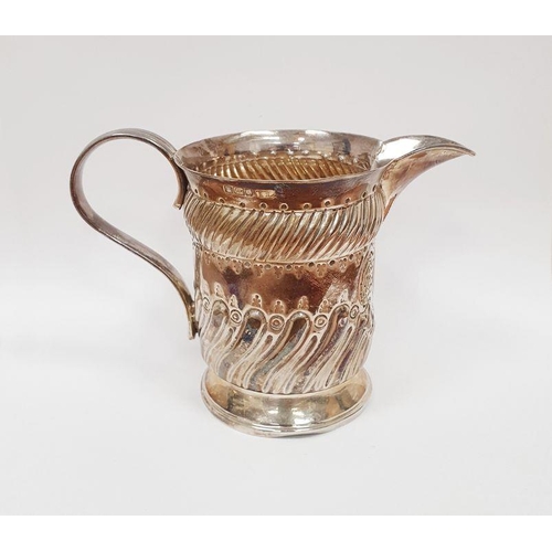 354 - Edwardian silver cream jug, cylindrical, footed and semi-gadrooned, Sheffield 1903, 9cm high