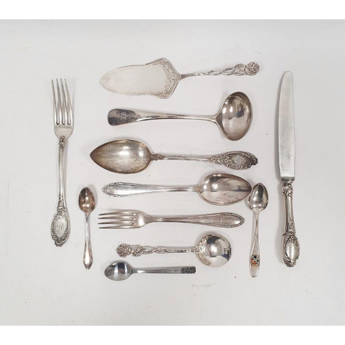 361 - German silver fork, spoon and knife set, the knife silver-handled, foliate handles, initialled 'PC(?... 
