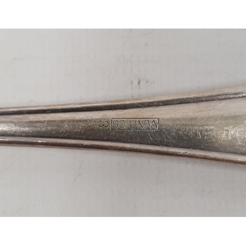 361 - German silver fork, spoon and knife set, the knife silver-handled, foliate handles, initialled 'PC(?... 