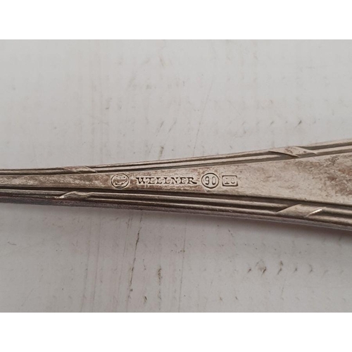 361 - German silver fork, spoon and knife set, the knife silver-handled, foliate handles, initialled 'PC(?... 