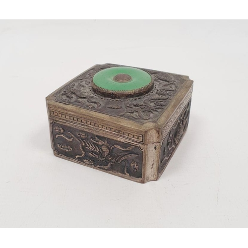 364 - Chinese silver-coloured metal trinket box, square with jade-coloured circular stone inserted to lid,... 