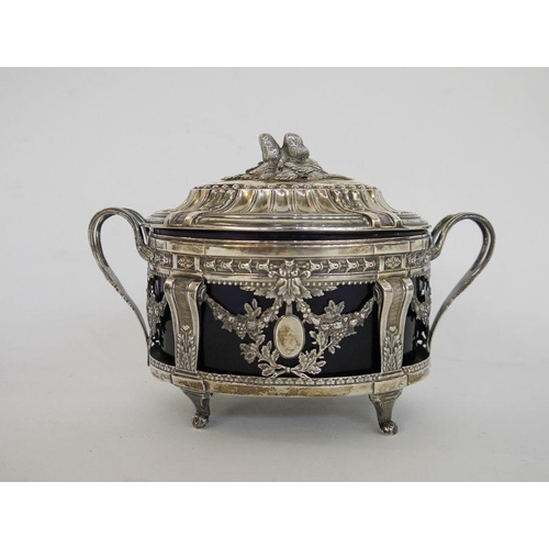 366 - French late 19th century silver and blue glass sugar basket by Leon Lapar, oval, the lid with fruit ... 