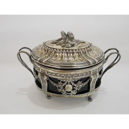 366 - French late 19th century silver and blue glass sugar basket by Leon Lapar, oval, the lid with fruit ... 