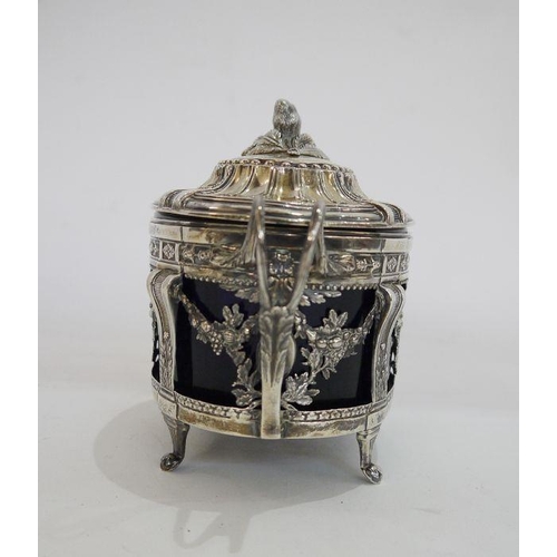 366 - French late 19th century silver and blue glass sugar basket by Leon Lapar, oval, the lid with fruit ... 