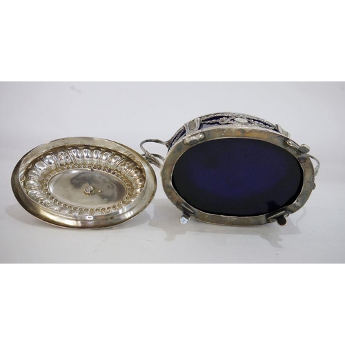 366 - French late 19th century silver and blue glass sugar basket by Leon Lapar, oval, the lid with fruit ... 