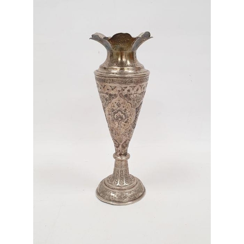 368 - Foreign silver-coloured metal tapering vase on a circular base, repousse floral decorated, indistinc... 