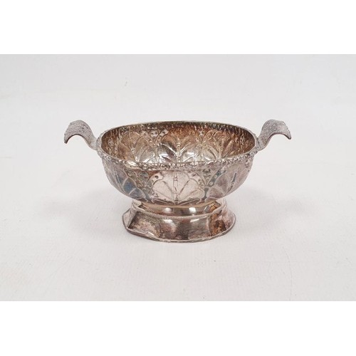372 - 19th century Malaysian silver miniature two-handled bowl, oval-shaped on pedestal base, leaf engrave... 