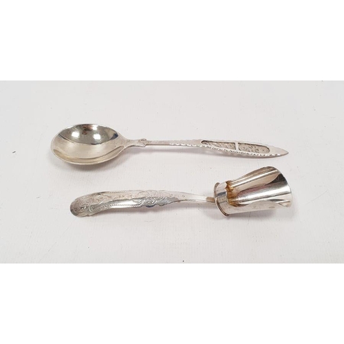 375 - Foreign silver spoon with filigree decorated handle marked '830', 0.5ozt and a silver scoop engraved... 