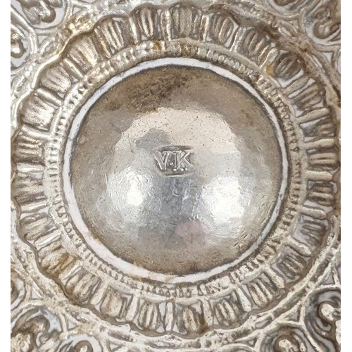 377 - Silver-coloured metal foliate repousse circular bowl, marked '7/2/89' to base, 10cm diameter approx.... 
