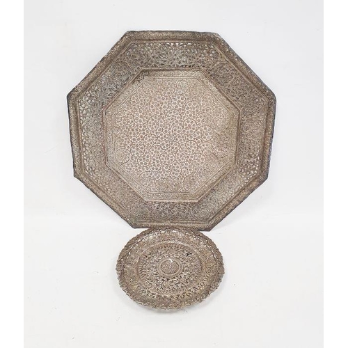 378 - MIddle Eastern silver-coloured metal octagonal-shaped foliate decorated tray, 32cm wide and a silver... 