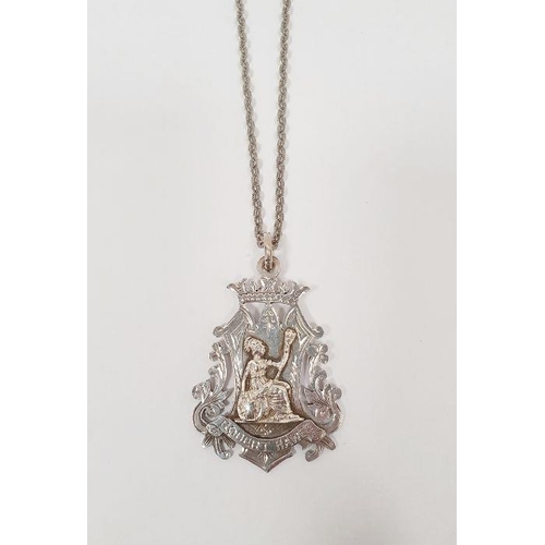 385 - Silver pendant, cartouche-shaped, embossed 'Britannia' and the silver chain link necklace