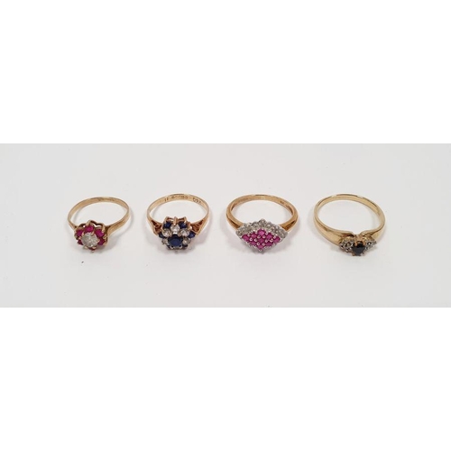 396 - 9ct gold, ruby and diamond lozenge-shaped cluster ring, 2.5g, a gold flower-shaped ring, a 9ct gold,... 