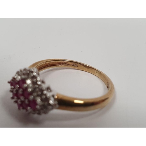 396 - 9ct gold, ruby and diamond lozenge-shaped cluster ring, 2.5g, a gold flower-shaped ring, a 9ct gold,... 
