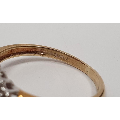 396 - 9ct gold, ruby and diamond lozenge-shaped cluster ring, 2.5g, a gold flower-shaped ring, a 9ct gold,... 