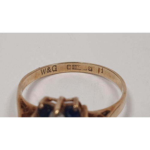 396 - 9ct gold, ruby and diamond lozenge-shaped cluster ring, 2.5g, a gold flower-shaped ring, a 9ct gold,... 