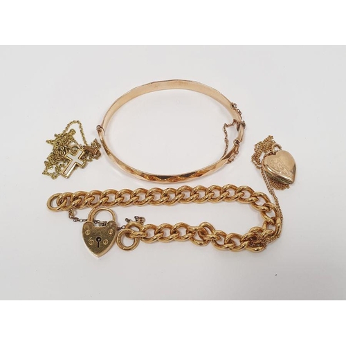 401 - 9ct gold bronze core bangle, a rolled gold chain bracelet with padlock clasp, a 9ct gold and metal f... 