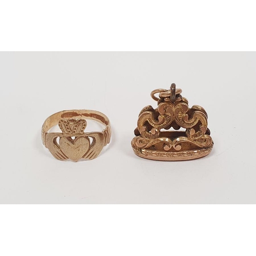 408 - 9ct gold sweetheart ring, 2g approx. and a gold-coloured antique seal (2)