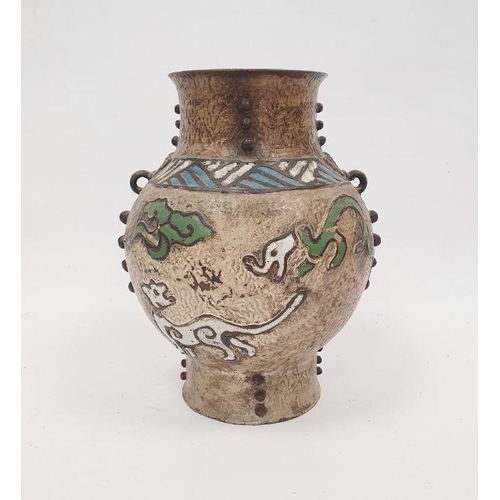 68 - Chinese archaic style metal and champleve enamel vase, the body with stylised dragon decoration, the... 