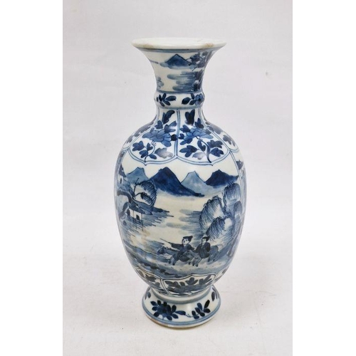 78 - 20th century Chinese blue and white vase set with panels with figures in landscape, on circular foot... 