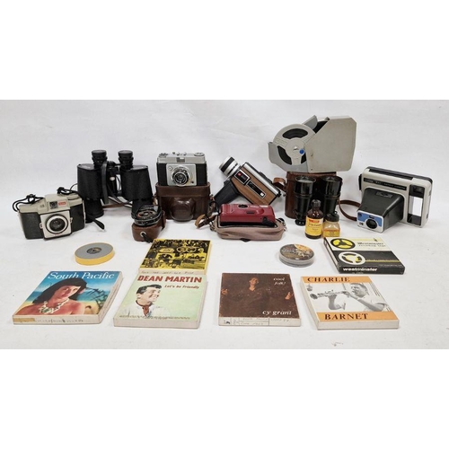 98 - Quantity of vintage binoculars, cameras and equipment to include an Ilford Sportsman camera with cas... 