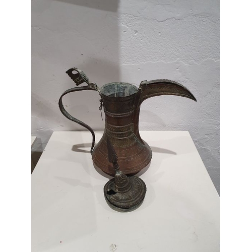 40 - Late 19th century Dallah coffee pot (damaged), assorted Middle Eastern metal pieces and three small ... 