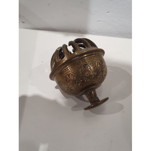 40 - Late 19th century Dallah coffee pot (damaged), assorted Middle Eastern metal pieces and three small ... 