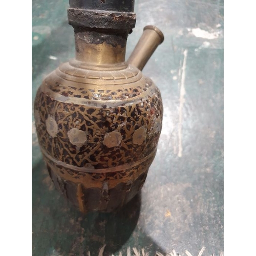 40 - Late 19th century Dallah coffee pot (damaged), assorted Middle Eastern metal pieces and three small ... 