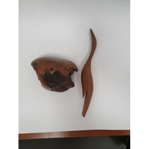 116 - Mid-century carved teak stylised model of a bird on wooden root base, a Bill Browning turned teak bo... 