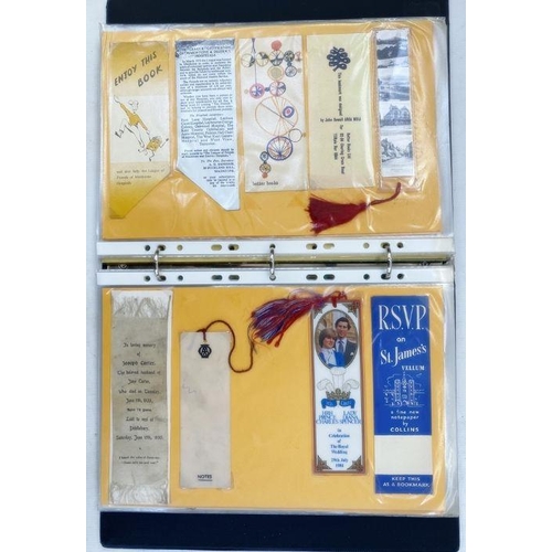 136 - Three folders of antique bookmarks, to include Victorian, hand-embroidered, T. Stevens, fire safety,... 