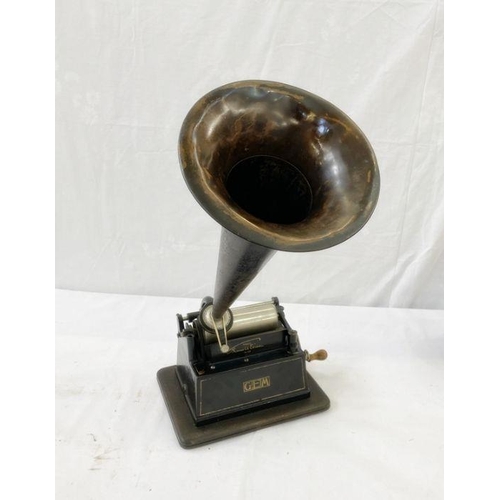 164 - Edison Gem phonograph serial no. G204786, 25.5cm wide approx. with alloy horn, 24.5cm approx. and bl... 