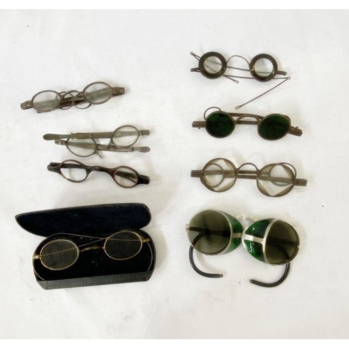 184 - Various spectacles and optical items, wooden rules and measures, compass, whistle, etc (2 boxes)