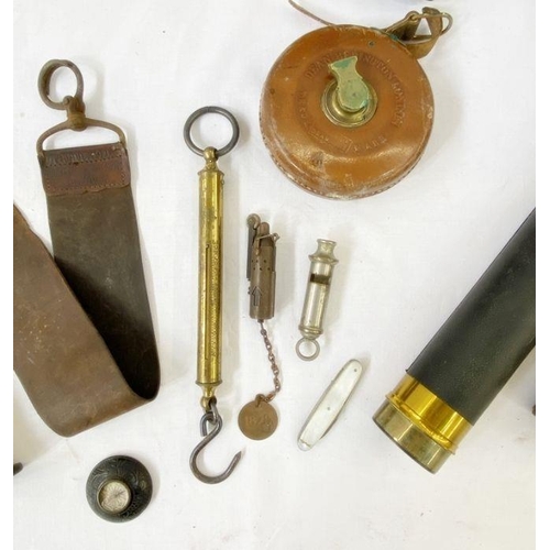 184 - Various spectacles and optical items, wooden rules and measures, compass, whistle, etc (2 boxes)