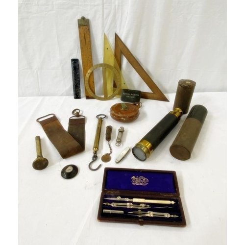 184 - Various spectacles and optical items, wooden rules and measures, compass, whistle, etc (2 boxes)