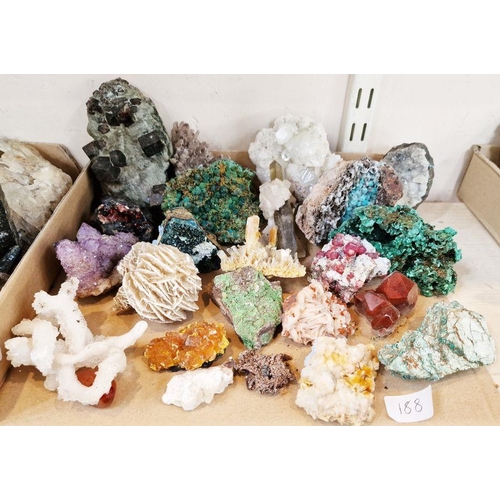 188 - A quantity of minerals to include stibenite, zedlite, garnet in mica, selenite (desert rose), a radi... 