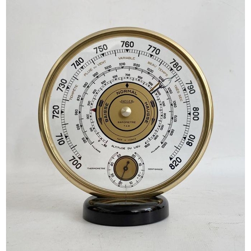 197A - Mid 20th century Jaeger desk barometer, of circular form, with gilt metal frame, the dial with a cen... 