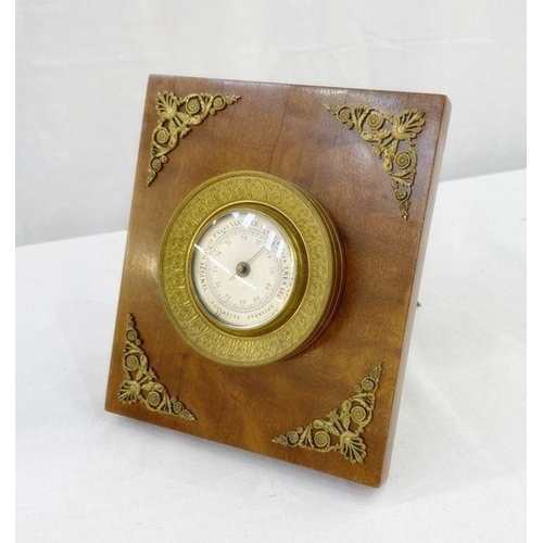 197 - French Empire style gilt-metal and wood mounted desk barometer, aneroid with silvered dial (unmarked... 