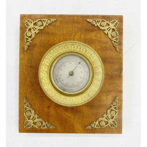 197 - French Empire style gilt-metal and wood mounted desk barometer, aneroid with silvered dial (unmarked... 