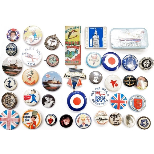 199 - Quantity of assorted badges, milk bottle caps, patches, Worker's Union badges, sailor's society (1 b... 